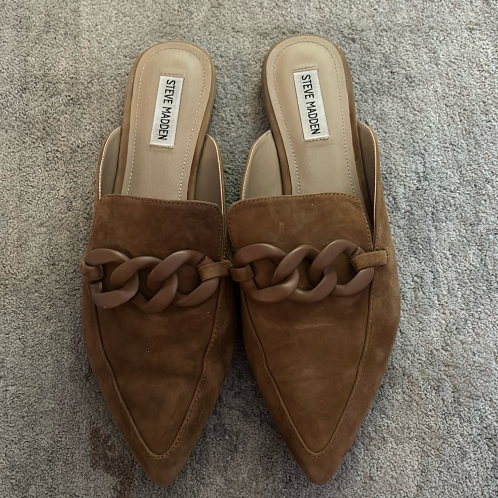 Steve Madden camel suede slides, size 11